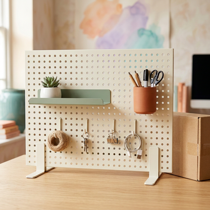 Desktop Pegboard Organizer System — Ivory Display Panel with Sage Shelf, Terracotta Pen Cup & Repositionable Hook Concept