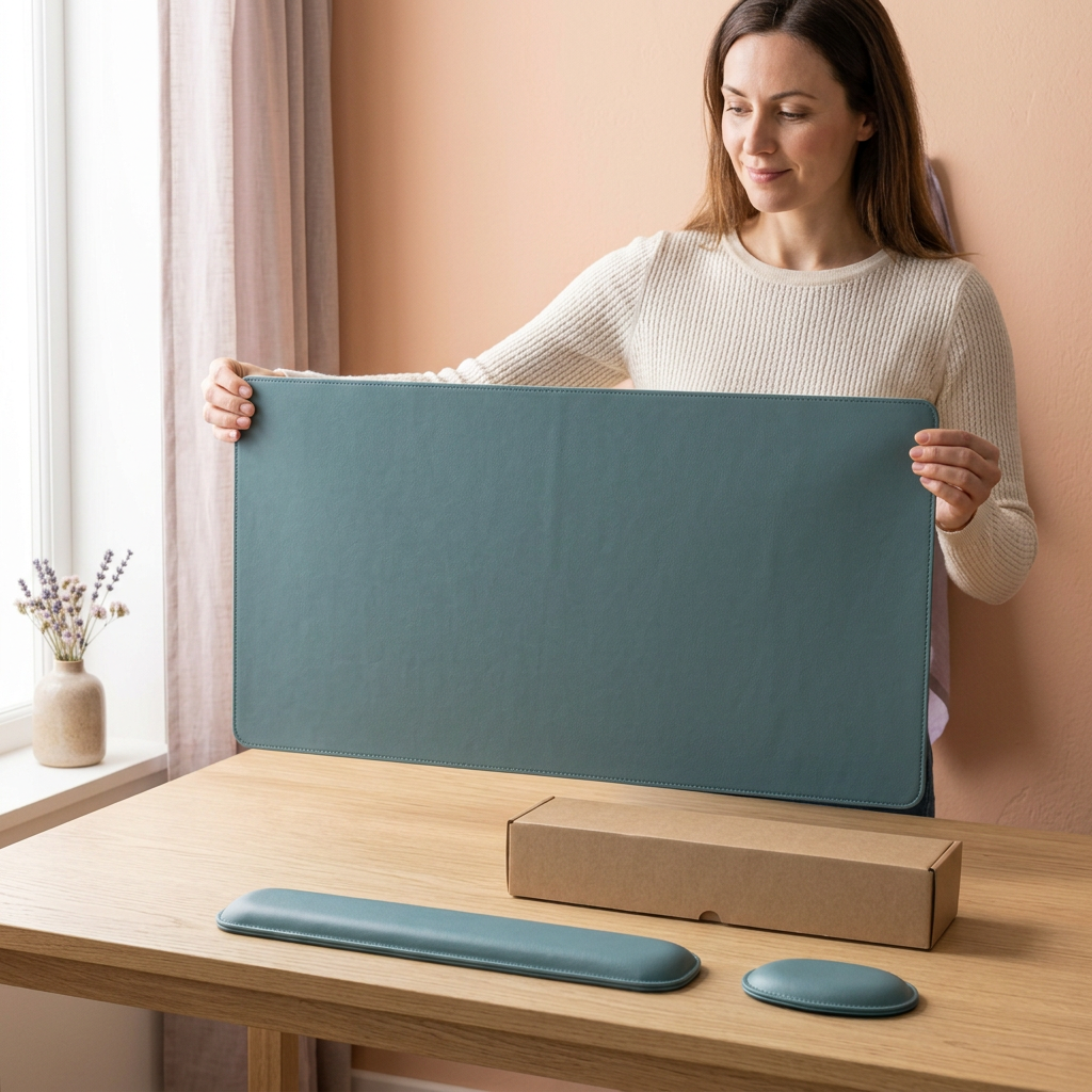 AI concept adult female model holding teal desk mat