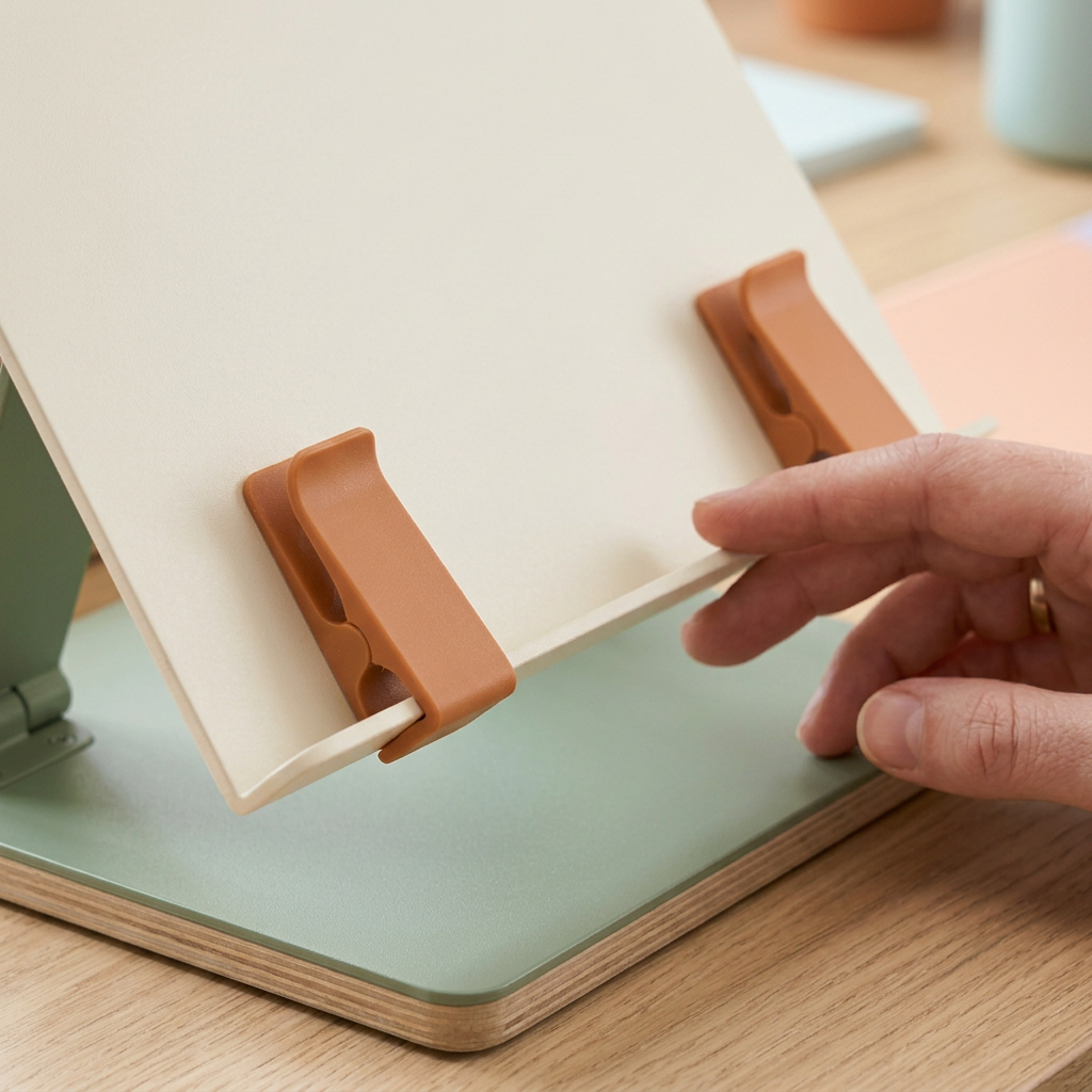 Adjustable Desktop Reading & Document Stand — Ivory Support Panel with Sage Base and Terracotta Page Clips for Books & Reference Pages