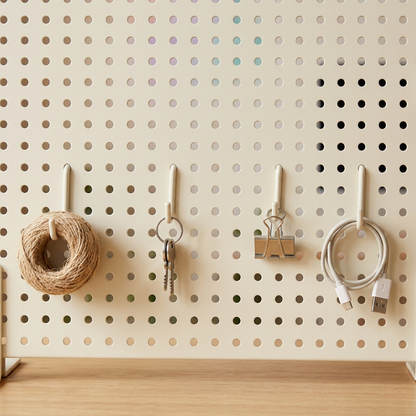 Desktop Pegboard Organizer System — Ivory Display Panel with Sage Shelf, Terracotta Pen Cup & Repositionable Hook Concept