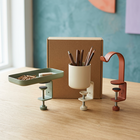 AI concept three-piece clamp-on desk edge organizer with plain packaging
