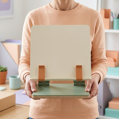 Adjustable Desktop Reading & Document Stand — Ivory Support Panel with Sage Base and Terracotta Page Clips for Books & Reference Pages