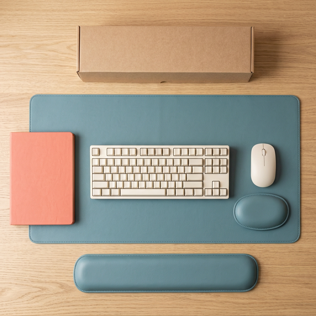 AI concept overhead teal desk set with illustrative keyboard and mouse