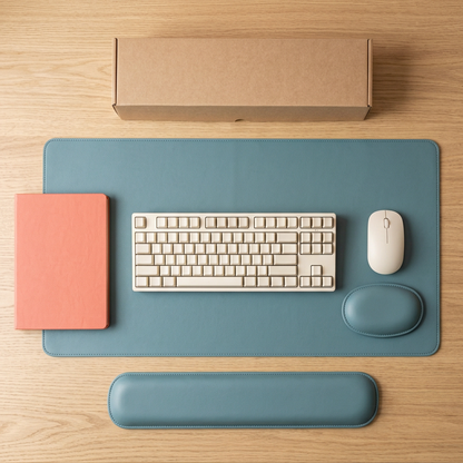 AI concept overhead teal desk set with illustrative keyboard and mouse