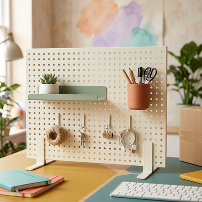 Desktop Pegboard Organizer System — Ivory Display Panel with Sage Shelf, Terracotta Pen Cup & Repositionable Hook Concept