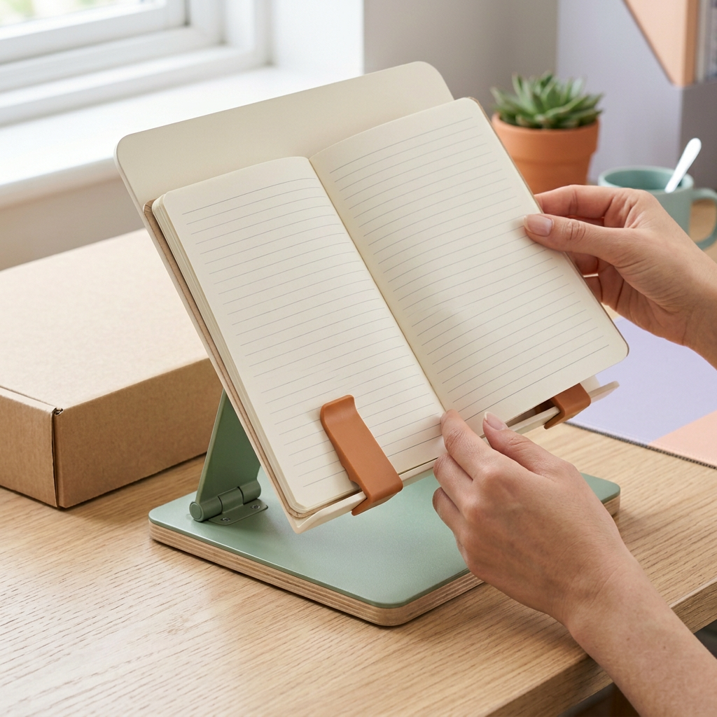 Adjustable Desktop Reading & Document Stand — Ivory Support Panel with Sage Base and Terracotta Page Clips for Books & Reference Pages